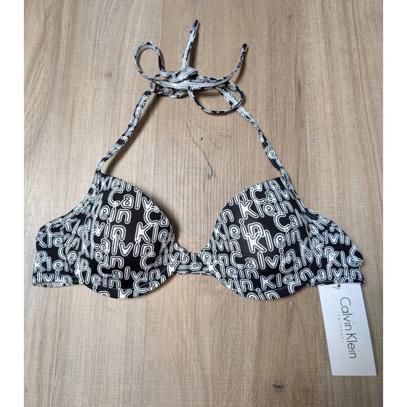 NWT Calvin Klein Swimwear Bikini Top Push-up Black Logo Underwired Size 34B - Picture 1 of 5